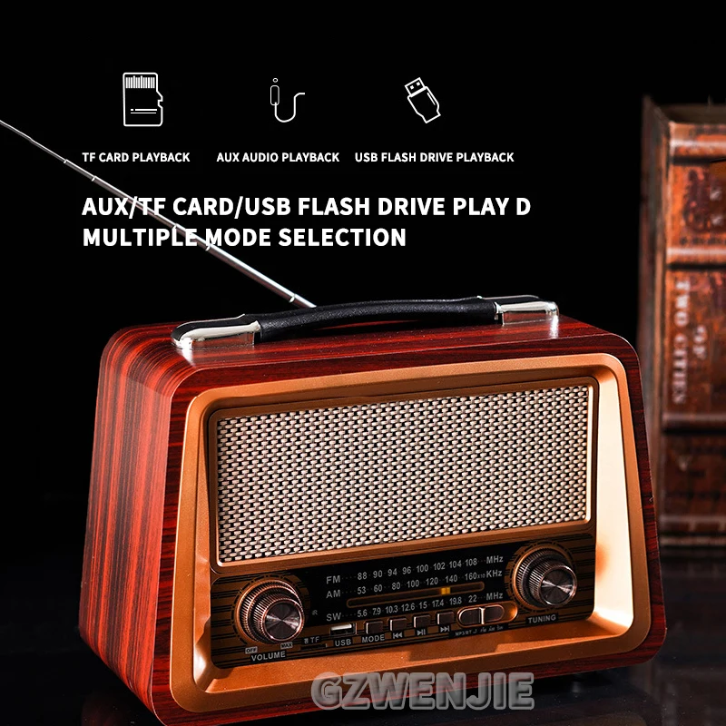 High Quality Wooden Retro Portable Radio Music Player AM/FM/SW Multi-function Bluetooth Speaker Subwoofer Card Audio Caixadesom
