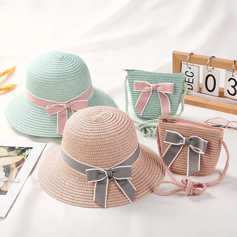 

Straw Crossbody Bag Sun Hat Set For Kids Bow Panama Cap Summer White Bucket Hat Wide Brim Beach Hat Baby Girl Sun Protection Cap