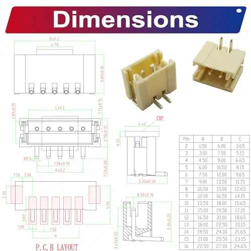 JST Connector Kit, ZH1.5 SMT Header Jst 1.5mm Pitch IC Socket Plugs Adapter, JST-ZH Top Type Vertical Header (ZH1.5-SMT-Ver)