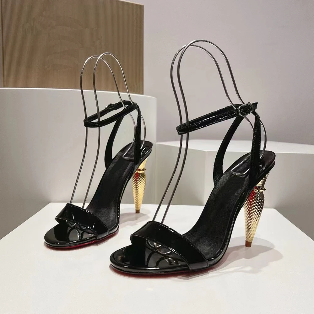 

Patent Leather ankle strap stiletto sandals 100mm cone Heel open toe pumps Women Party Evening Shoes Luxury Designer high heels