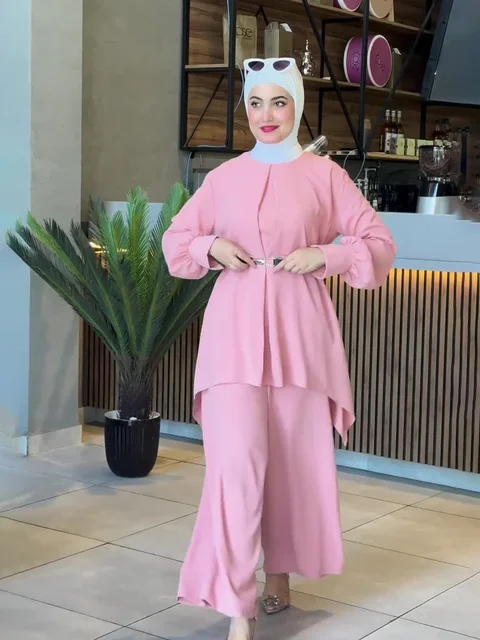 Ensemble Deux Pièces pour Femme Musulmane, Haut avec Ceinture, Pantalon à Jambes Larges, Trempé, Ramadan, Maroc, Dubaï, Islam, Décontracté, Tenue Arabe 1