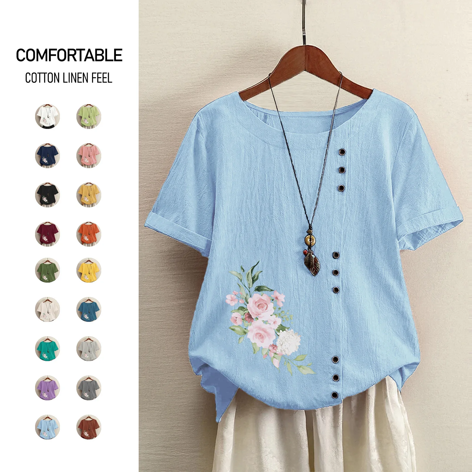 Cotton Linen Floral Print Women Blouse