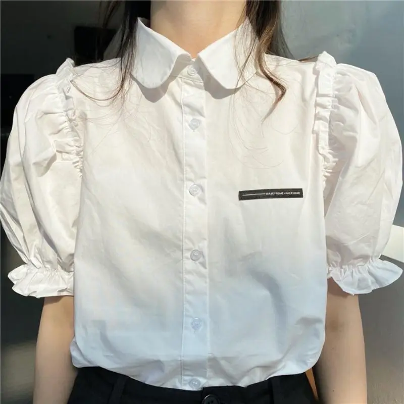 Fashion Lapel Button Solid Color Ruffles Puff Sleeve Shirts Women's Clothing 2024 Summer New Loose All-match Tops Casual Blouses