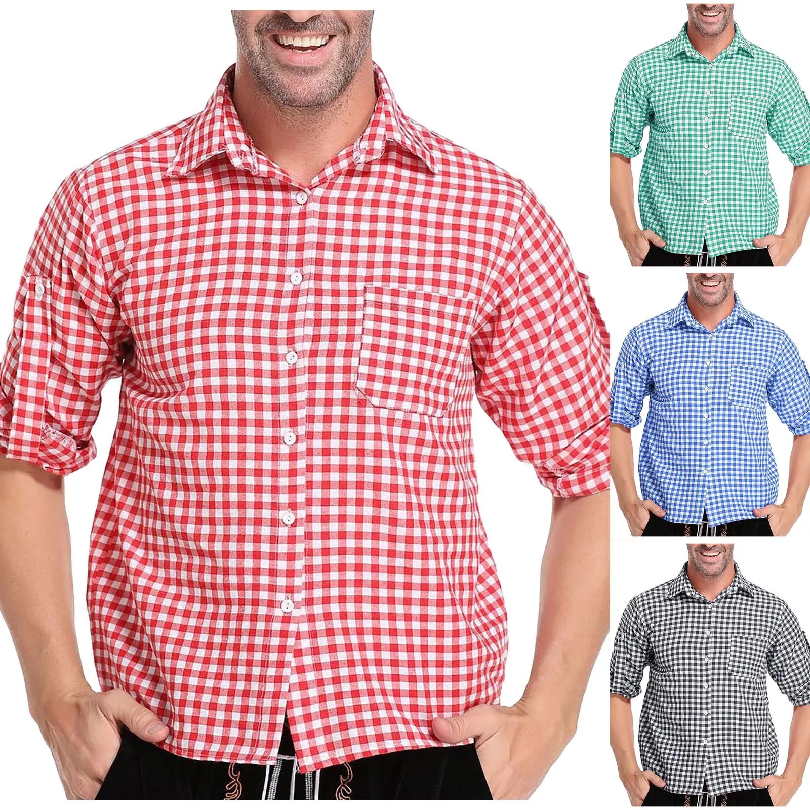 Button down shirt Mens German Traditional Plaid Shirt Beer Plaid Shirts With Pockets Lapel Long Sleeve Button Down Shirts Oktoberfest Costume