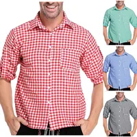 Mens German Traditional Plaid Shirt Beer Plaid Shirts With Pockets Lapel Long Sleeve Button Down Shirts Oktoberfest Costume 1