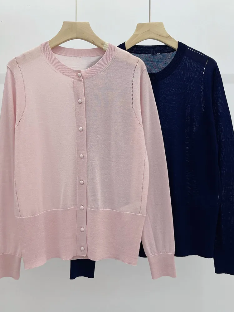 

Women's Long Sleeve 100% Wool Sweater 2022 Spring Summer O-Neck Single Breasted Top Thin Female Knitted Cardigan