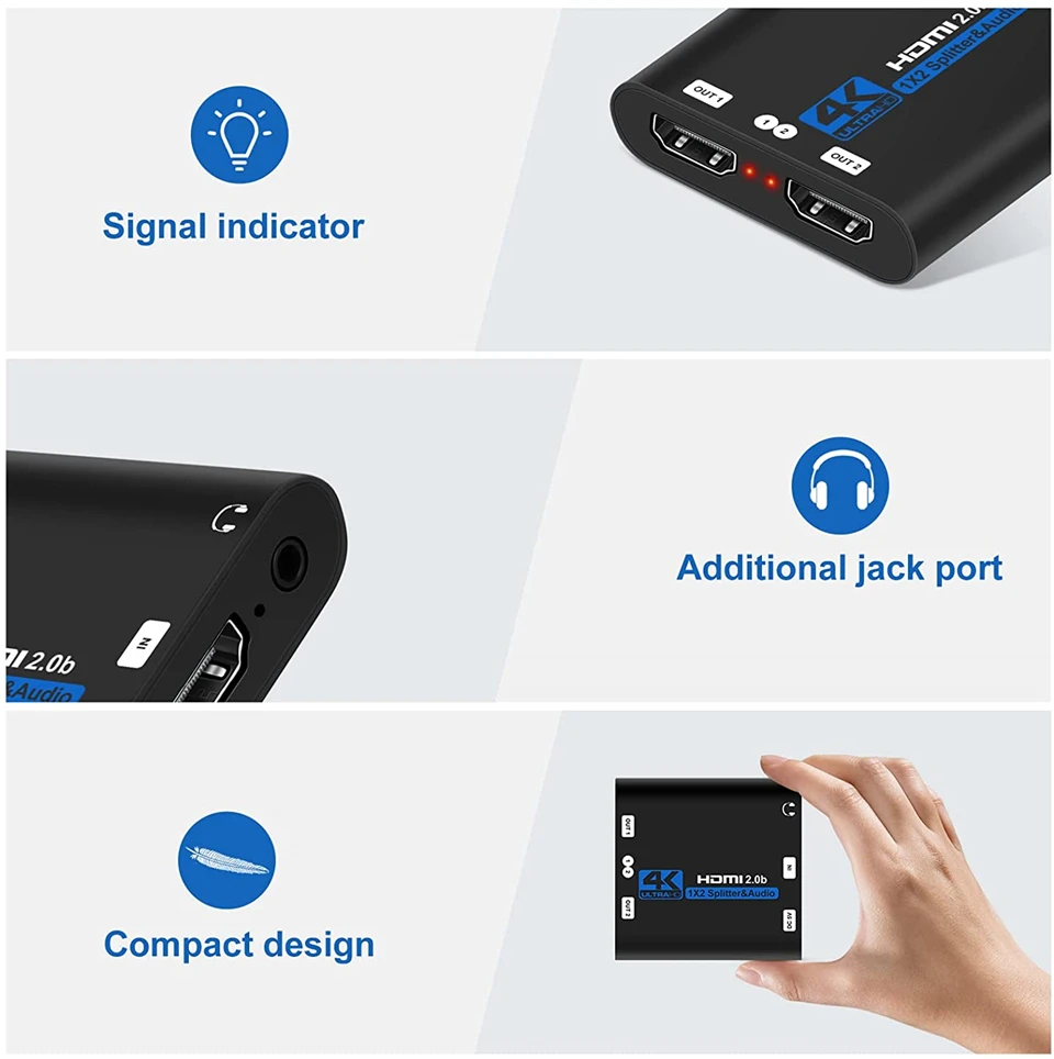 2026 Best 4K HDMI Splitter 1x2 HDMI 2.0 Splitter 1 in 2 out HDMI Amplifier Switc