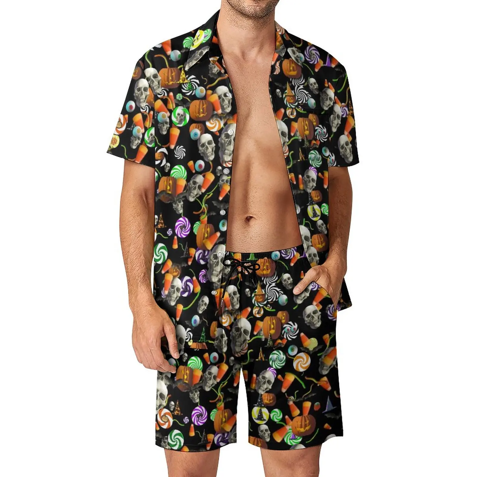 

Creepy Halloween Outdoor Men Sets Skulls And Pumpkins Casual Shirt Set Summer Shorts 2 Piece Cool Suit 2XL 3XL