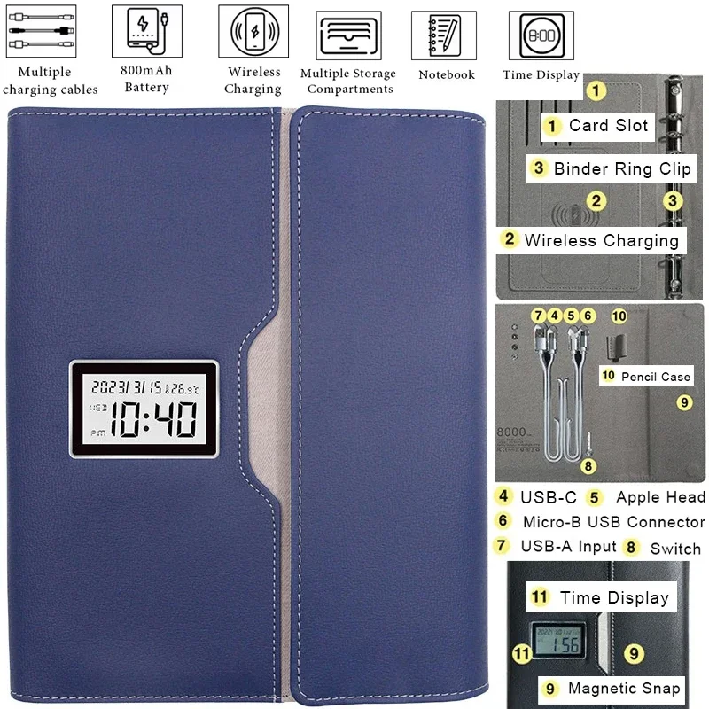 시간 날짜 온도 기능 포함 스마트 5V 2A 노트북 8000mAh USB 유선 1:4 충전 + 무선 충전 노트북