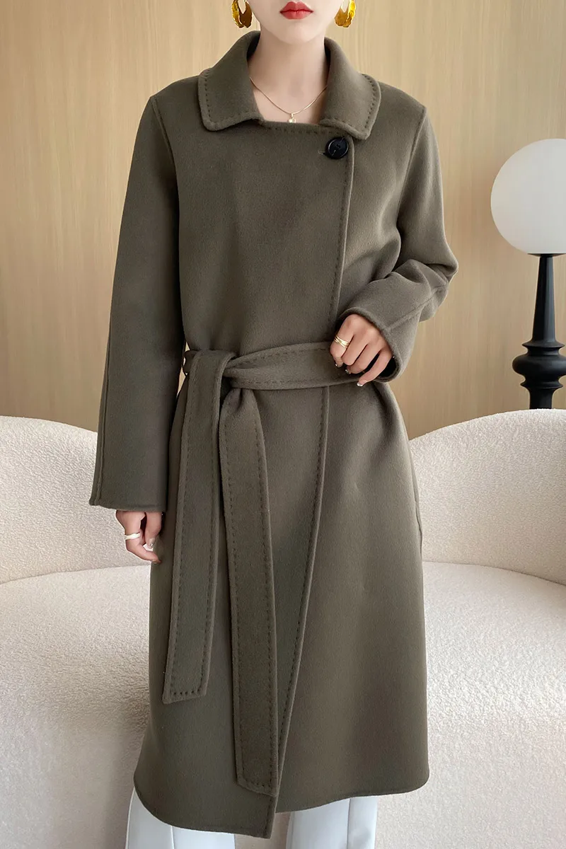 울블렌코트 한국 패션 여성 캐주얼 느슨한 모직 코트 우아하고 시크한 솔리드 겉옷 벨티트 여성 따뜻한 망토와 긴 외투 11 여성용 폴로 칼라 트렌치 코트, 롱 순모 모직 코트, 하이엔드 심플 코트, 가을 겨울 트렌드, 신상 여성 의류