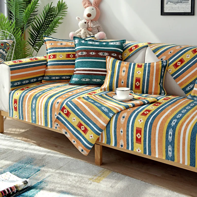 

American Sofa Cushion Geometric Pattern Ethnic Style Cover Towel Chenille Four Seasons Universal Fabric Cushion Simple Modern1Pc