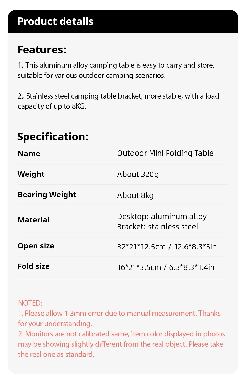 Description Picture 2 of itemCamping Portable Foldable Table Small Coffee Tables Ultralight Outdoor Hiking Picnic Table MDF Mini Folding Table New