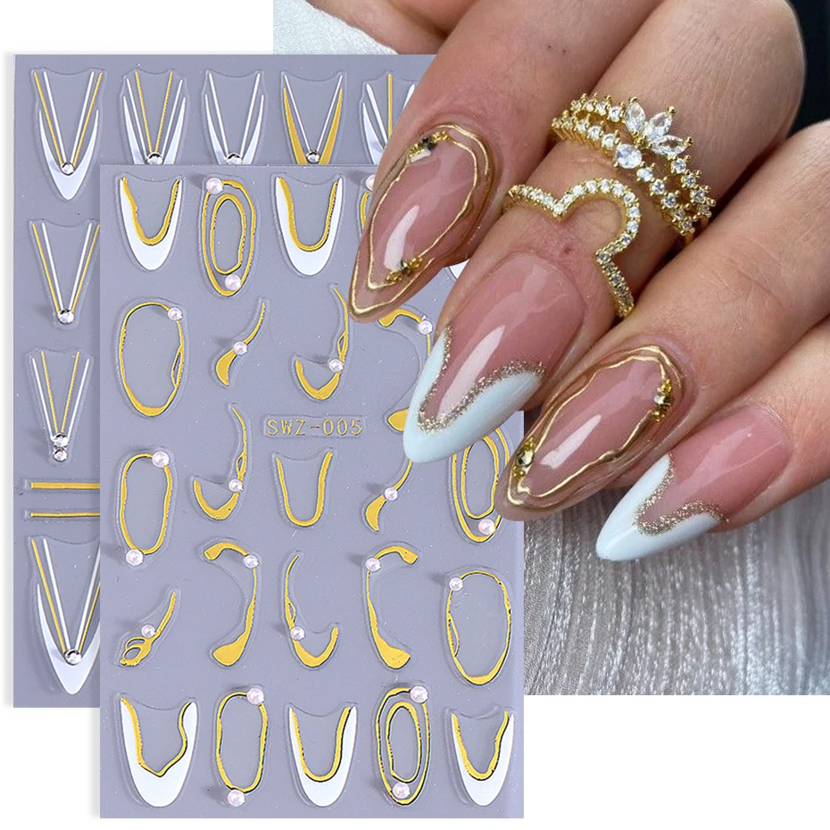 2pcs French Stripe Line Rhinestone Nail Stickers Decals 3D White Gold Irregular Metallic Line Adhesive Sliders Manicure Decor