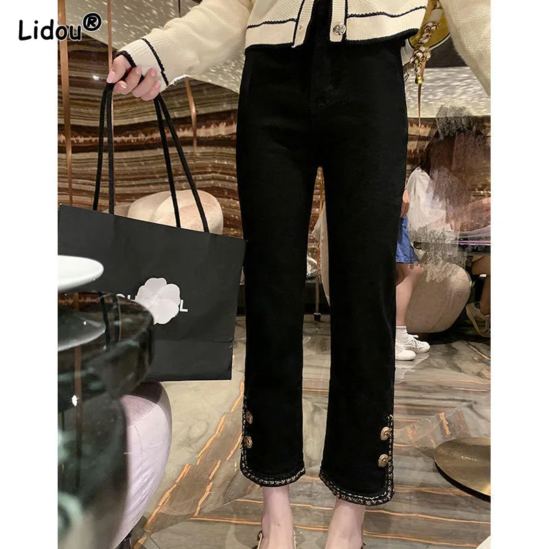 Black High Waist Ankle-length Jeans Trouser Legs Metal Button Decoration Gold Filigree Split Fork Spring Summer Women's Clothing