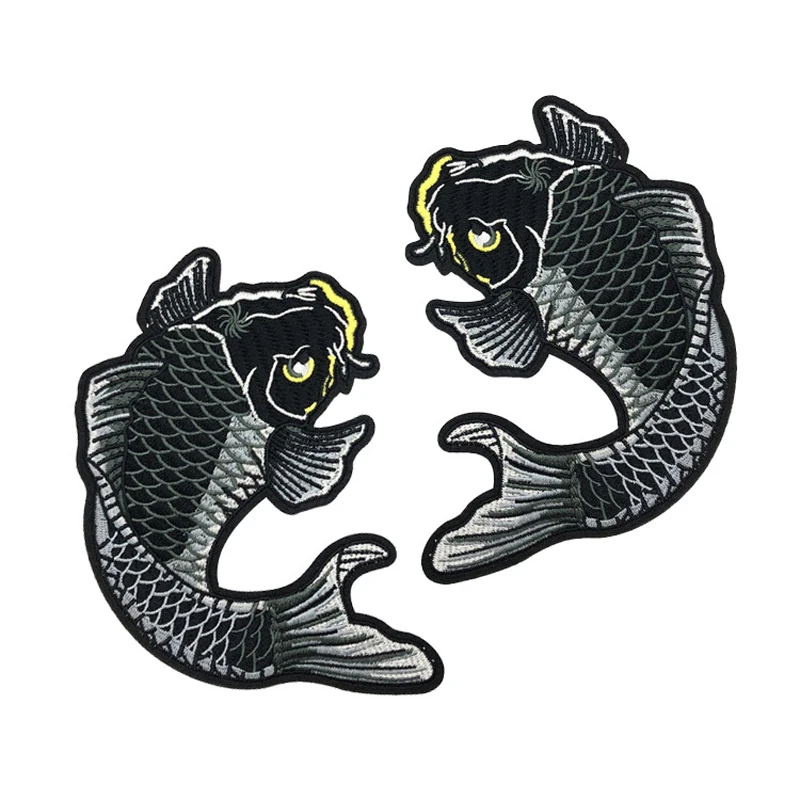1 Pair Black Fish Embroidered Patches Ethnic Carp Koi Embroidery Patch