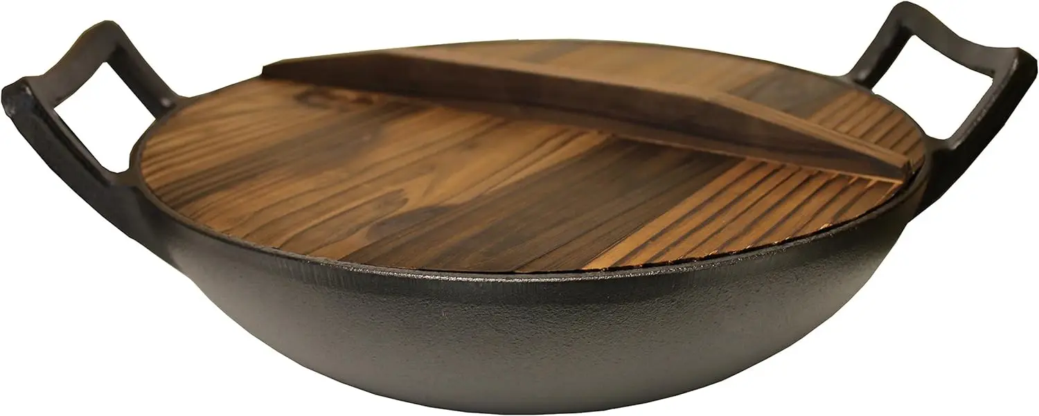 

House Cast Iron Wok, Pre-Seasoned with Wooden Lid 12" Diameter and Large Handles, Stir Fry Pan Plate for cooking Accesorios frei