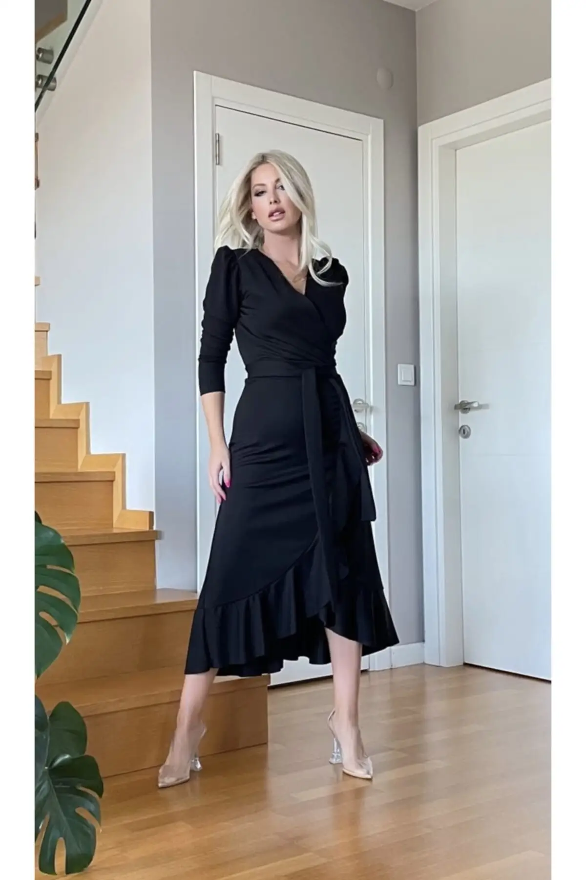 

Women's Black Double-Breasted Collar Crepe Fabric Midi Boy Belted Dress Long Trend Solid Color Clothing