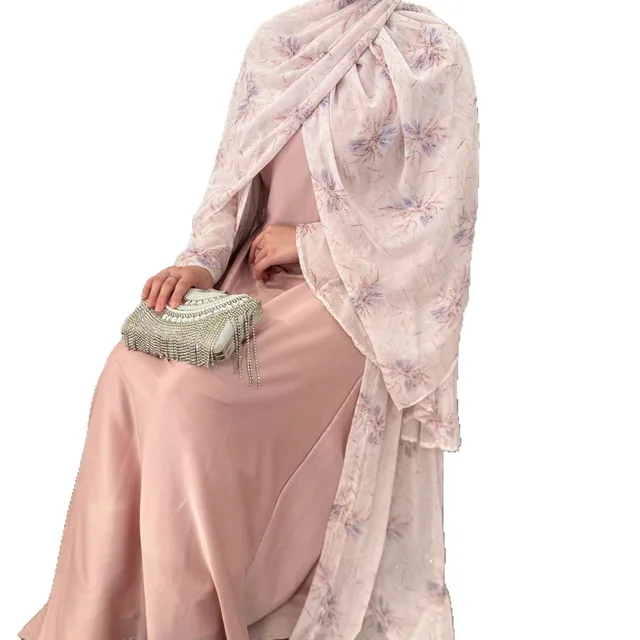 Robe d'Aïd pour femmes, abaya musulmane, ensemble 3 pièces, robe longue en mousseline de soie, kaftan, robes de fête du Ramadan, vestidos, Maroc, Dubaï, jalabiya, arabe
