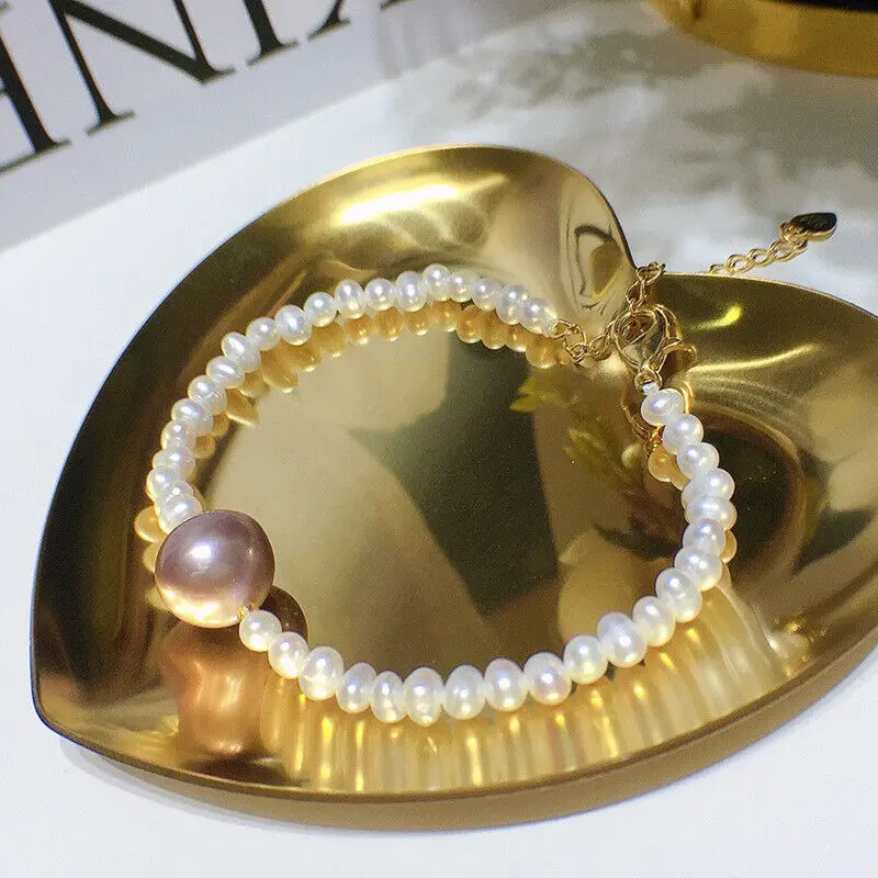 

8-9mm Purple + Round Akoya White 4-5mm Real Pearl Bracelet 7.5-8" Filled 14k Gold Lobster Clasp+ Extension Chain Free Shipping