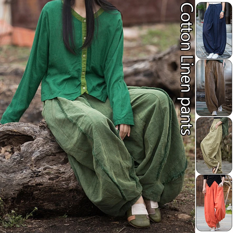 2023 Ladies Solid Color Lantern Pants Women Cotton Linen Loose Baggy Casual Harem Pants Fashion Summer Wide Leg Trousers new summer loose dungarees ladies cami romper baggy playsuit women overalls loose knot tie cotton linen harem pants jumpsuit