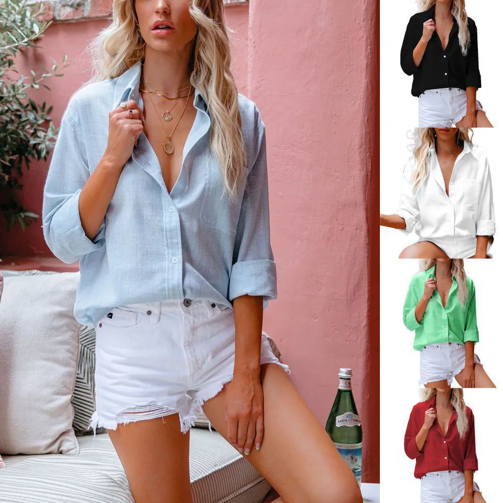 

Women Casual Lapel Cotton Linen Loose Shirt Vintage Harajuku Solid Blouse Elegant Long Sleeve Button Up Tops Office Lady Tunics