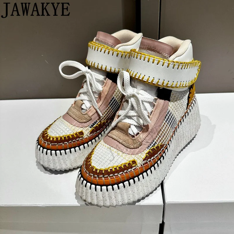 

Multicolour High Top Thick Bottom Flats Shoes Women Hot Famous Brand Sneakers Shoes 2024 New Casual Lace up Run Shoes Woman