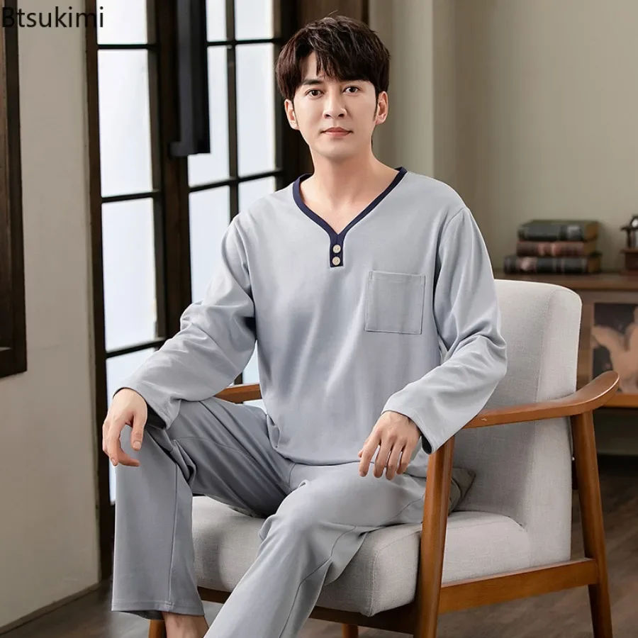 Pajama Sets Fashion Lounge Men's Spring Long-sleeved Tops Trousers Cotton Homewear Comfort Sleepwear Two Pieces
