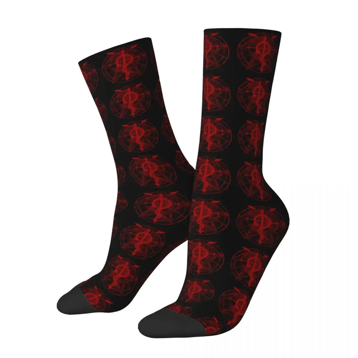 

Vintage Red And Black Men's compression Socks Unisex Fullmetal Alchemist Flamel Street Style Pattern Printed Novelty Crew Sock