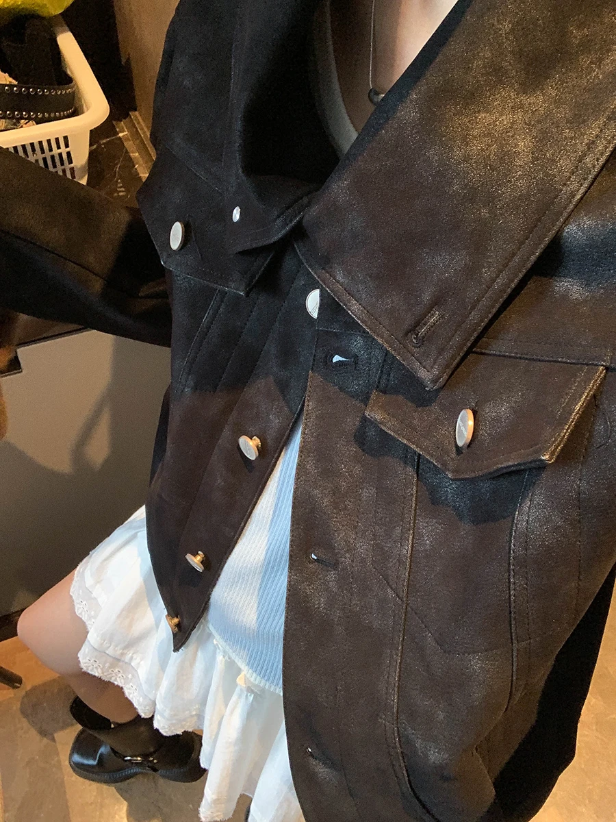 Retro strukturierte Revers Silhouette schlankmachende Motorradjacke Jacke Jacke – Detail 8