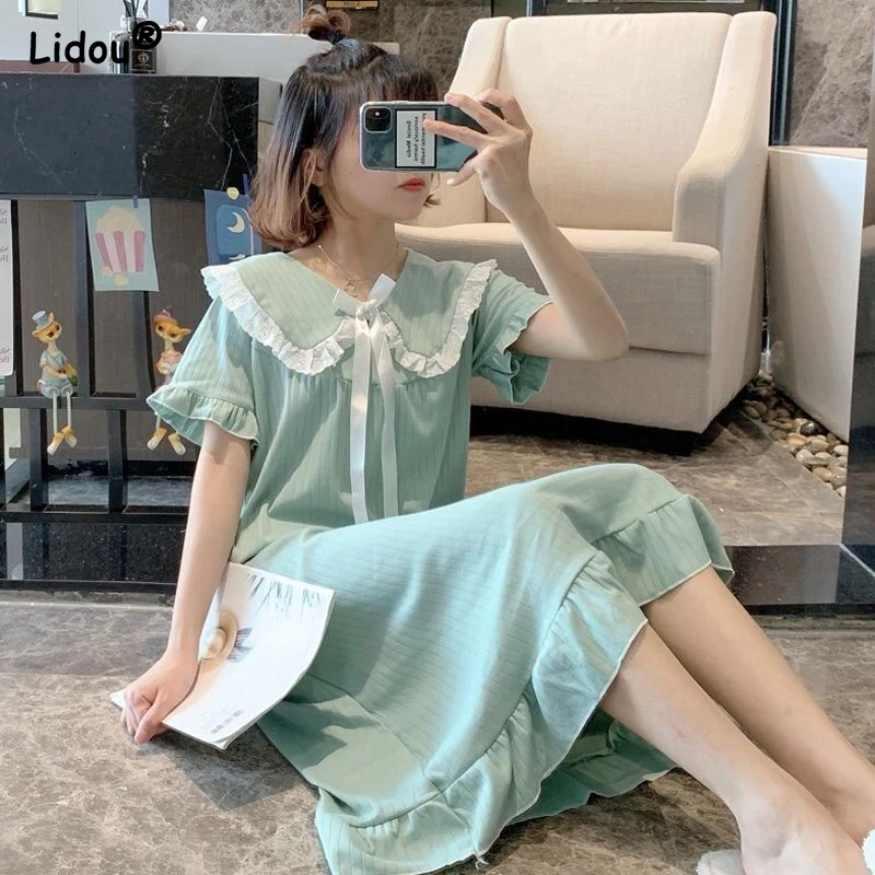 

Cute Lively Pure Sweet Colorful Lace Peter Pan Collar Short Sleeve Summer Women's Clothing Fashion Long Skirt Popularity Wild