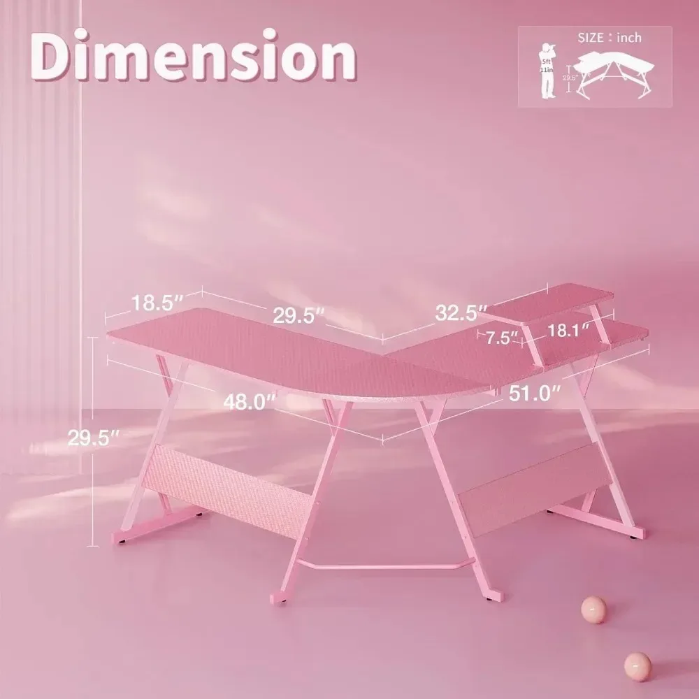 Pink L Shaped Gaming Desk, 51 Inch Gamer Desk Gaming Table with Carbon Fiber Texture, Corner Computer Desk L Shape 2