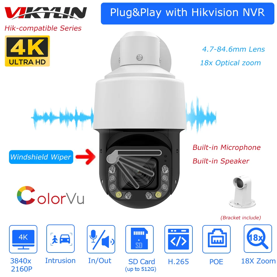 Hikvision Compatible 4K 8MP Wiper PTZ IP Camera 18X Zoom 2-way Audio Human auto-tracking POE CCTV Surveillance Network Camera 