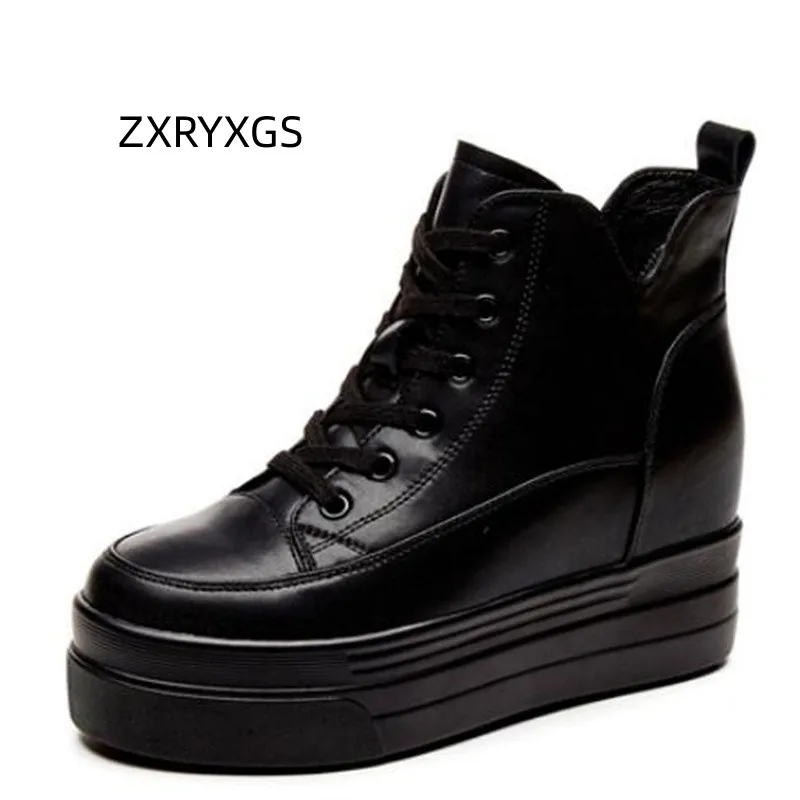 

ZXRYXGS Autumn Winter Cowhide Fashion Boots Black Shoes 2024 New Internal Elevation Wedges Boots High Heels Women Black Boots
