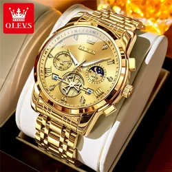 Luxury Moon Phase Quartz Chronograph Watch for Men - Flywheel Design, Waterproof, Luminous, with Calendar (All Gold)