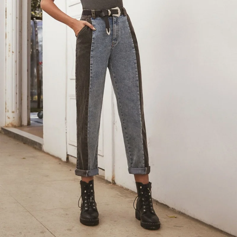 

Fall New High Street Blue Black Patchwork Colorblock High Quality Trousers 2023 Women High Waist Harem Straight Denim Pants Mom