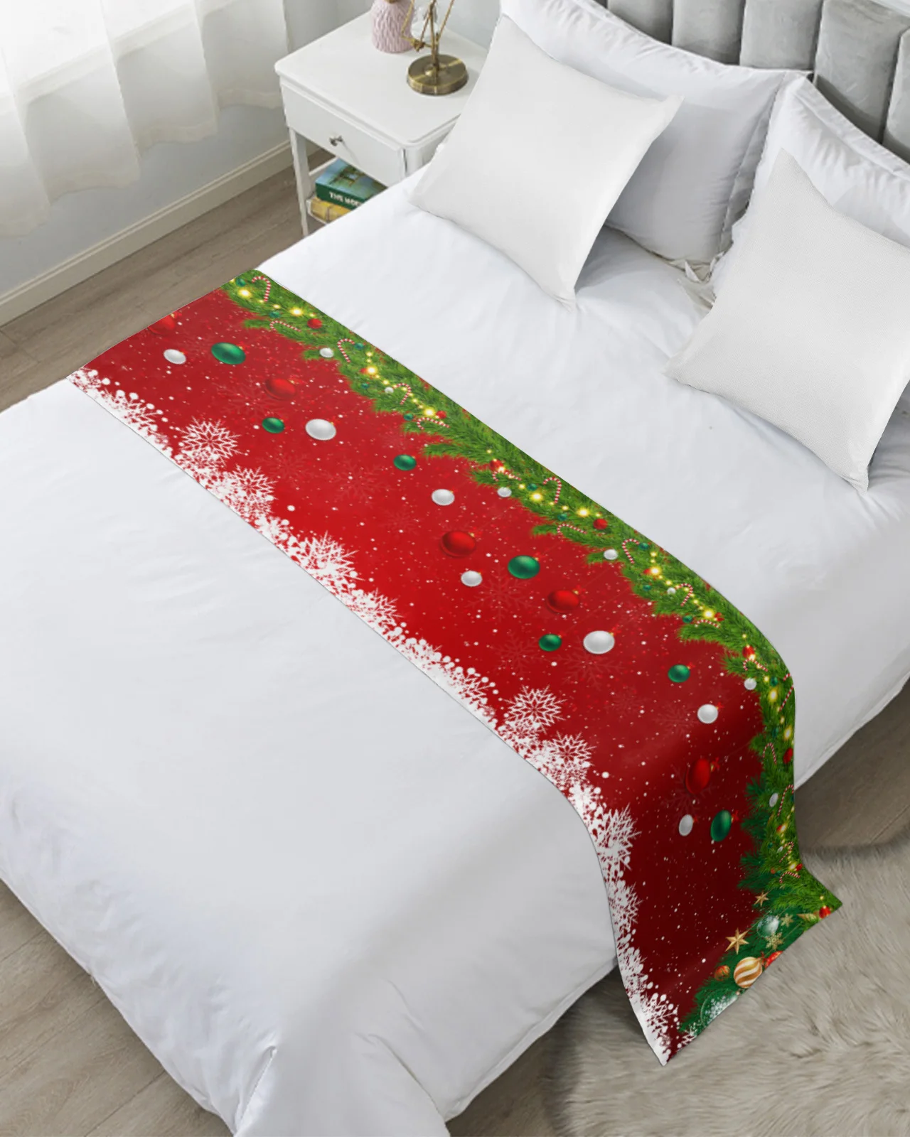 

Новогодняя елка, снежинка, лампа, Шариковая дорожка для кровати, роскошный шарф для кровати в отеле, Декоративная скатерть для дома, кровать, флаг, Настольная дорожка