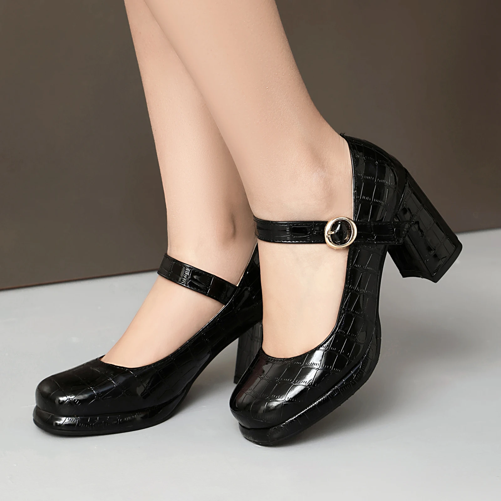 Women Heels Pumps Platform Strappy Mary Janes Shoes Black Red Patent Leather Alligator Print Comfortable Chunky Style 2