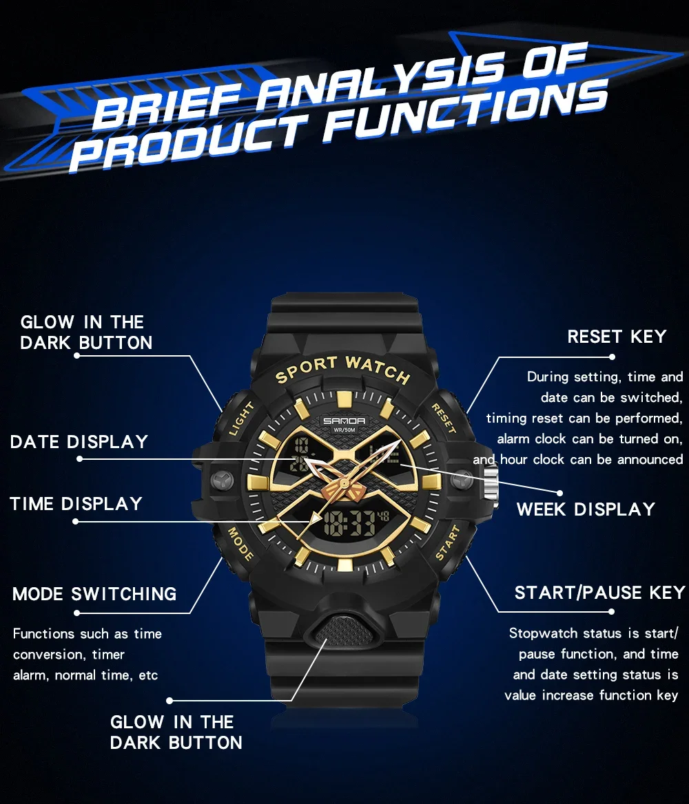 SANDA 2023 Sport Military Men's Watches 50M Waterproof LED Digital Wristwatch for Male Clock Stopwatch Relogio Masculino 3150