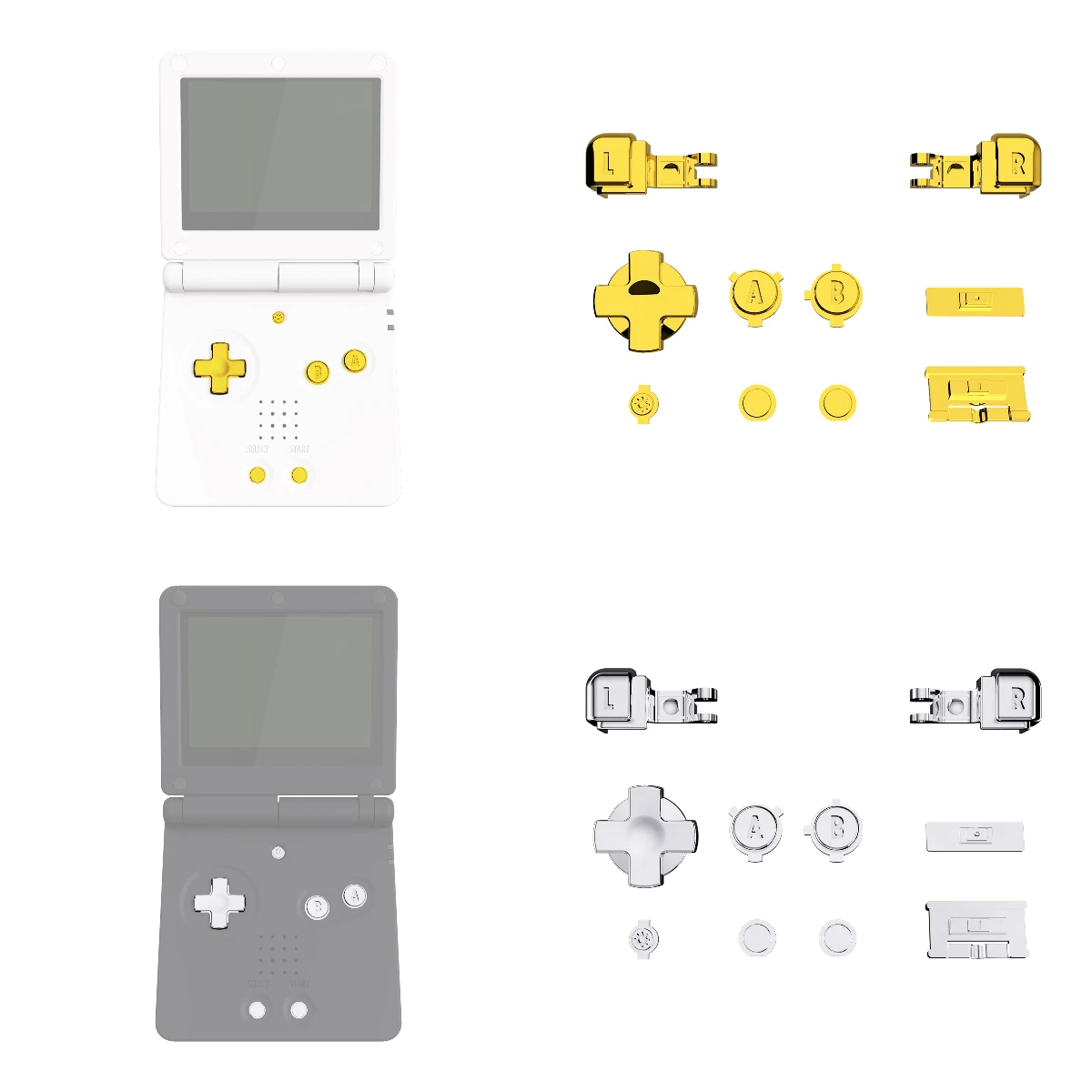 Pulsanti Set Completo Extremerate Chrome Gold & Chrome Silver, Pulsante A B L R Power On Off Tasto Volume D-Pad Per Console Gba Sp