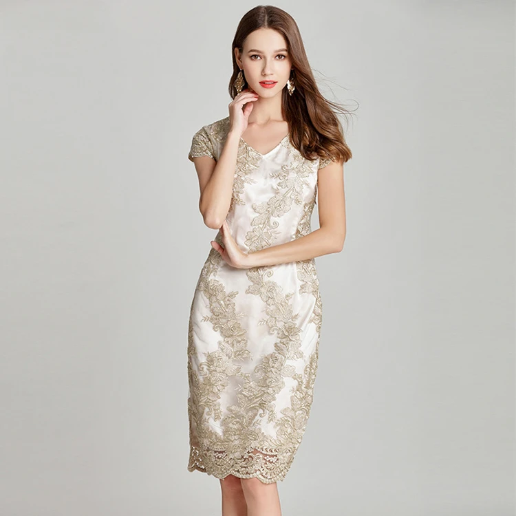 

2023 New Arrival Summer Style Floral Pattern Hollow Out Off Shoulder V-neck Ladies Formal Women Dress