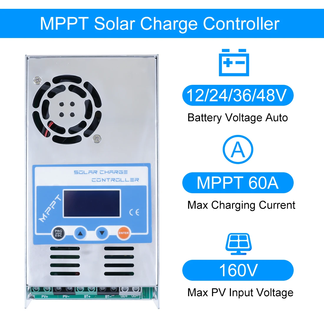 

MPPT 60A Solar Charger Controller 60A Discharge Controller 12V 24V 36V 48V Auto for Max PV 190VOC Lead Acid Lithium Battery