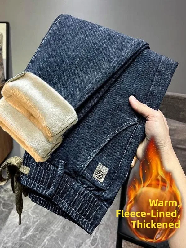 Men's Casual Elastic Waist Fce Lined Straight Leg Jeans Premium Denim Winter Warm Trendy Youth Long Trousers