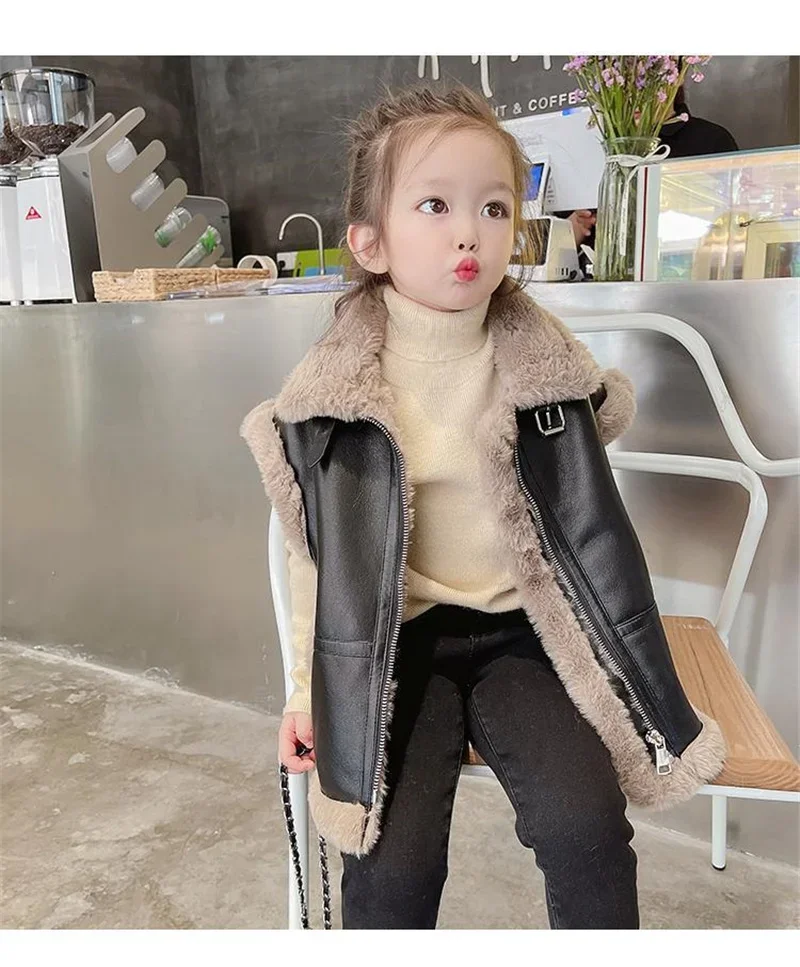 어린이용 두꺼운 따뜻한 조끼, 겨울 야외 의류, 여아 패딩 조끼, 패션 가죽 면 재킷, 2-6 세