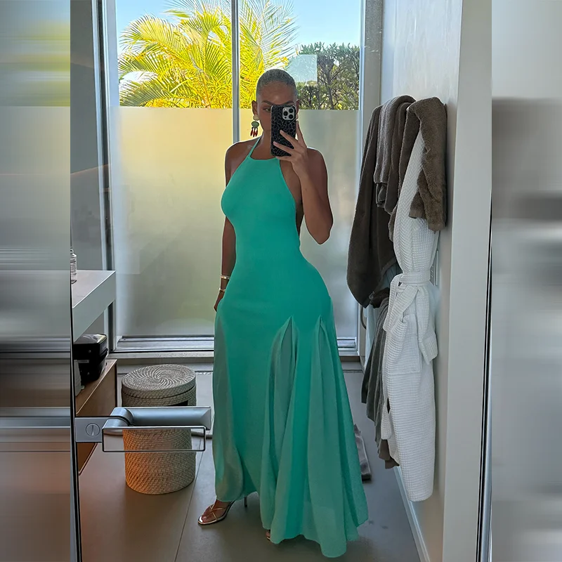 Damen Neckholder-Maxikleid mit offenem Rücken, geripptem Strickoberteil und fließendem Chiffon-Saum – figurbetontes Sommer-Abendkleid für Urlaub und Party