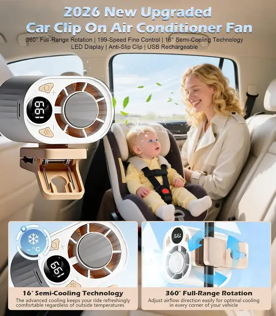 Nouveau ventilateur de climatisation à clipser pour voiture 2026 avec écran LED, mini-système de refroidissement pour véhicule automobile, 360° °   Mini ventilateur rotatif à clip 1