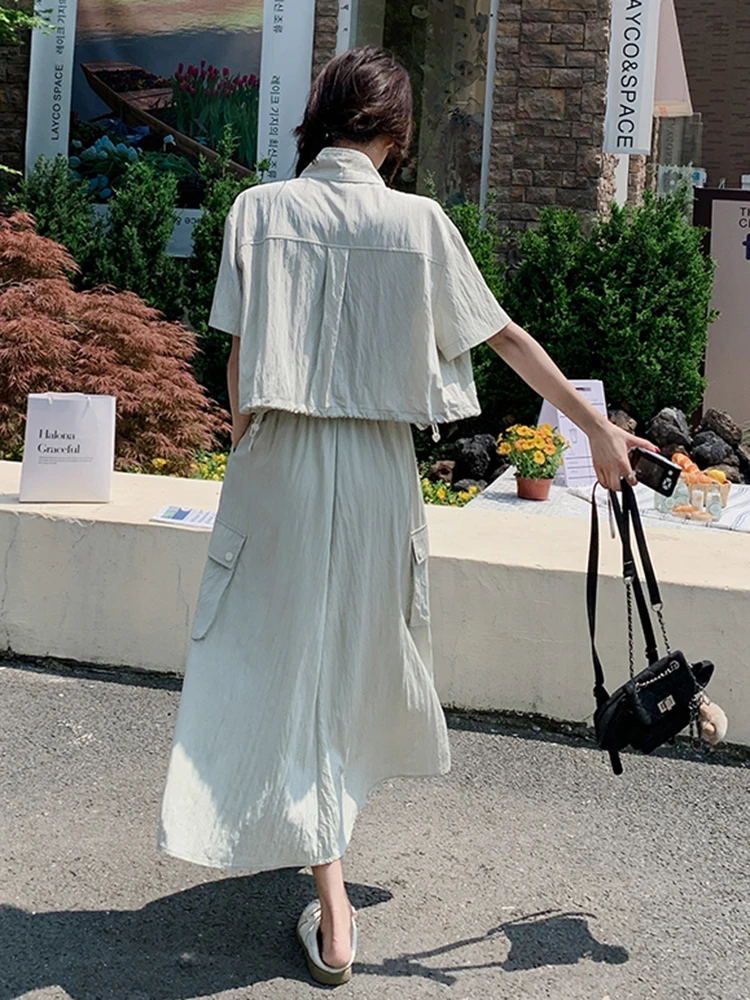 LANMREM 여성용 사파리 스타일 투피스 세트, 라펠 반팔, 지퍼 디자인 상의, 탄성 허리 스커트, 2024 여름 신상, 2Z1679