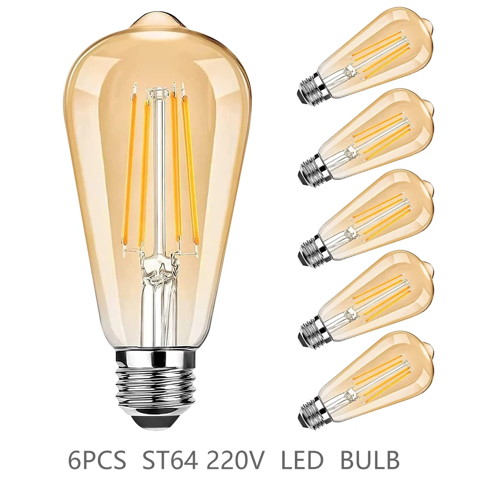 ST64 LED Bulb 6-Pack 4W/6W/8W Edison Retro Vintage Light Bulb - E27 Screw Base 220V 2700K Warm White, Energy Saving