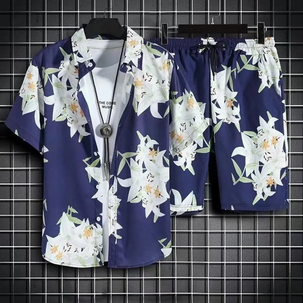 

Hawaiian Style Shirt Shorts Set Single Breasted Shirt Pockets Shorts Set Tropical Leaves Print Hawaiian Shirt Shorts Set