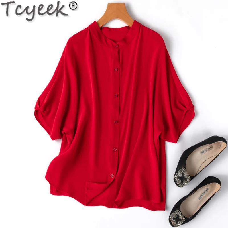 

Tcyeek 20Mm 100% Mulberry Silk Womens Shirt 2024 Spring Summer Bat Sleeve Tops Elegant Shirts for Women Clothing Camisa Feminina