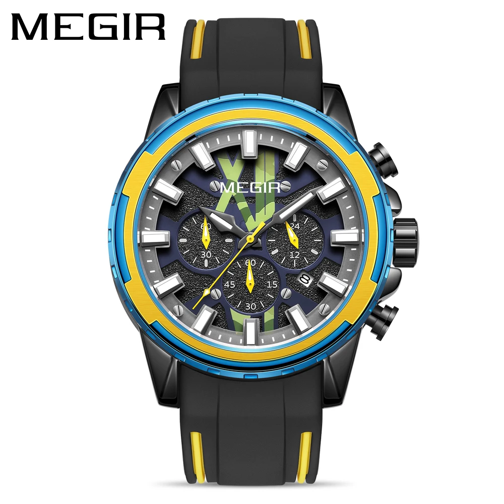 MEGIR New Fashion Men's Luminous Sports Waterproof Personality Quartz Wrist Timer Calendar Silicone Watches Reloj Hombre 2133 